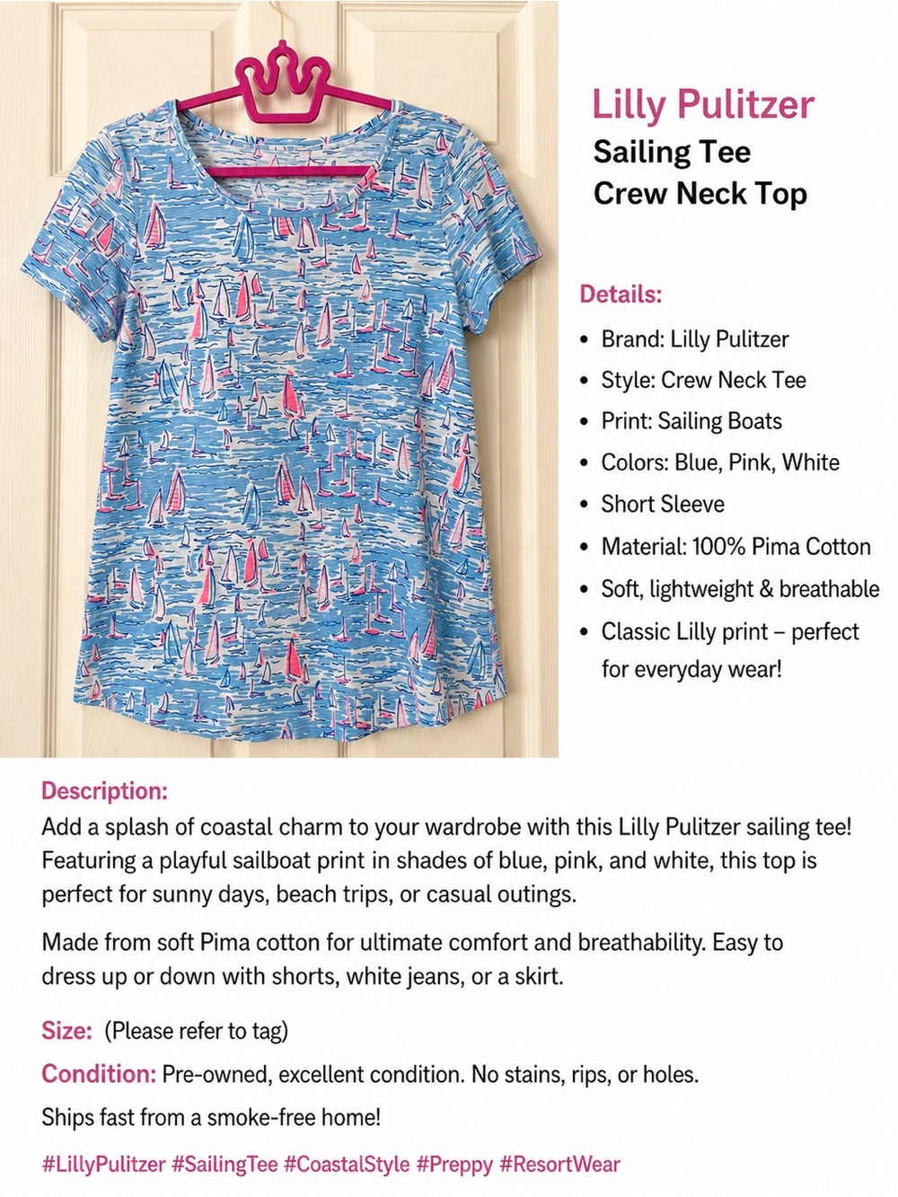 Lilly Pulitzer Sailboat Crew Neck Tee Light Blue Bright Pink Lilly Coastal Charm
